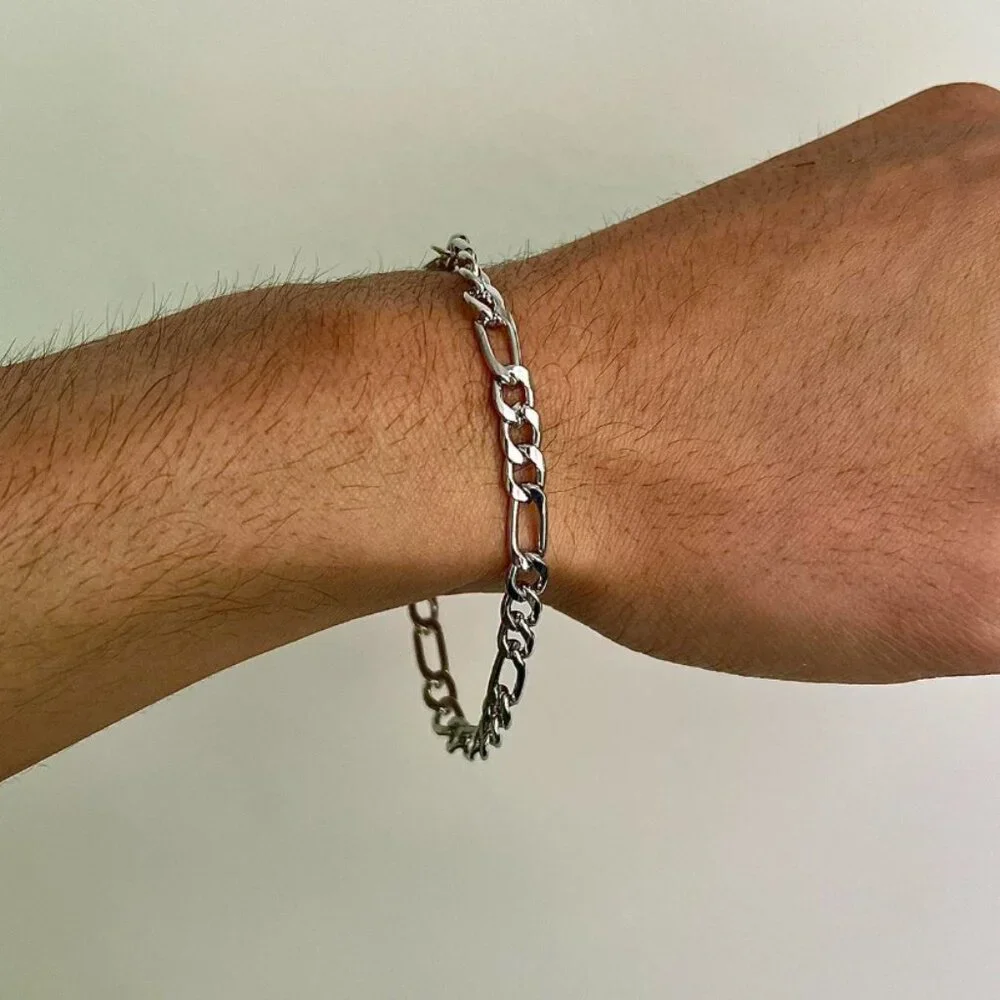 silver figaro link stainless steel chain bracelet